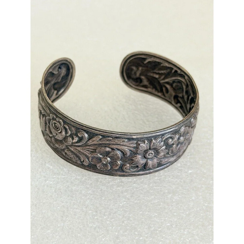 S Kirk & Son Sterling Silver Repousse Floral Cuff Bracelet Heavy 32.9g